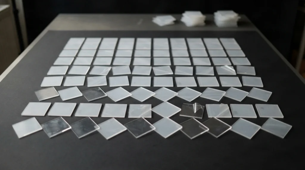 Illustrazione: stencil quadrati in PETG con pellicola protettiva, prodotti per l'Innovation Lab di Cosnova