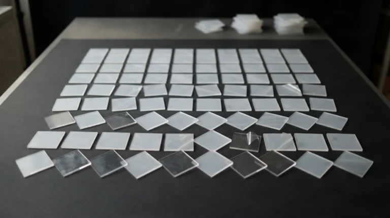 Illustrazione: stencil quadrati in PETG con pellicola protettiva, prodotti per l'Innovation Lab di Cosnova